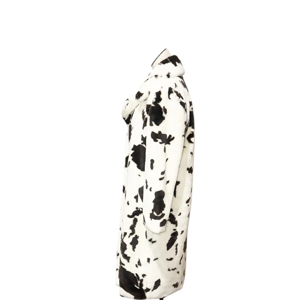 NWT Cow Print Faux Fur Coat Brown White Dalmatian Pattern Fluffy Winter Jacket